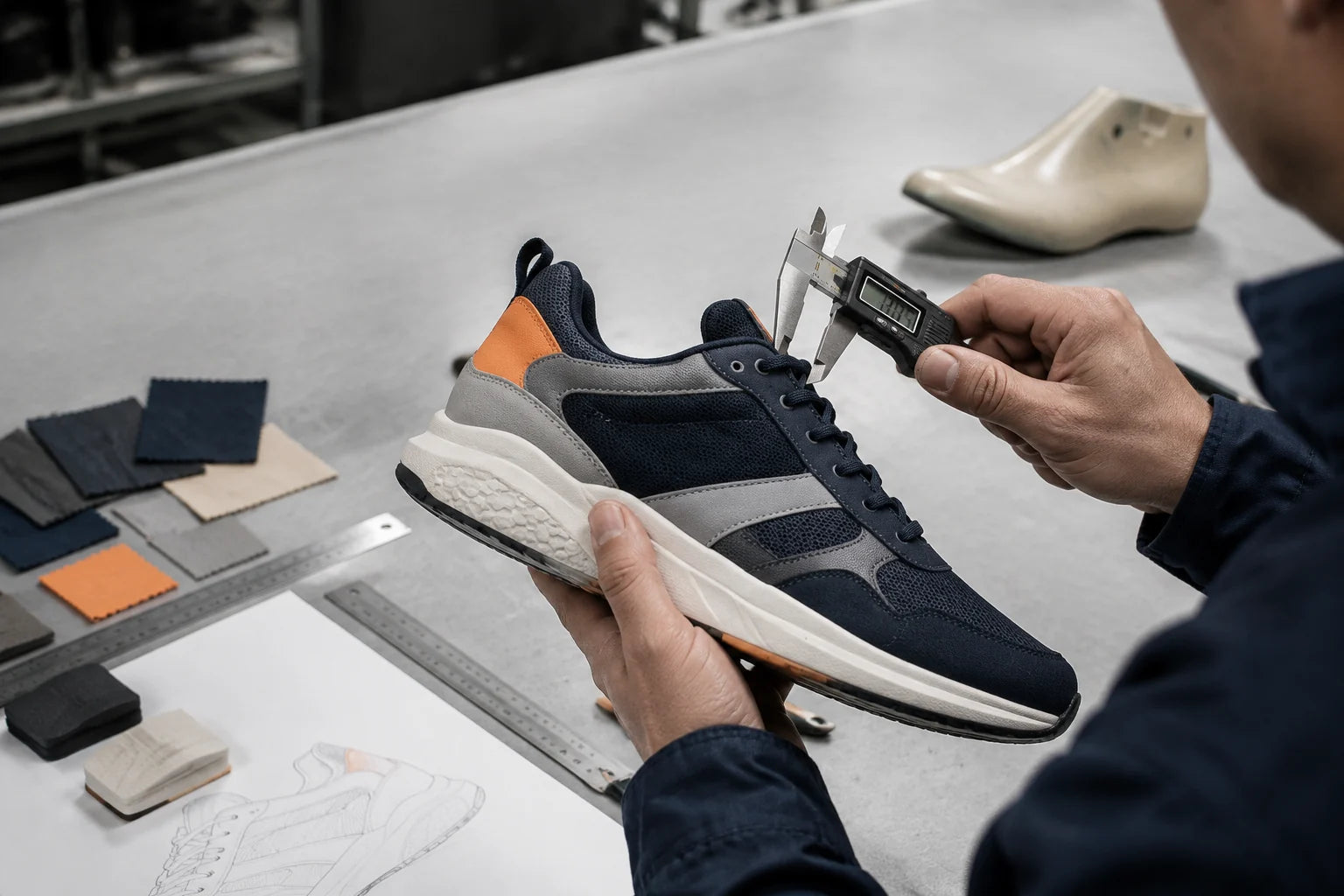 Technician reviewing an unbranded footwear prototype with a measurement tool