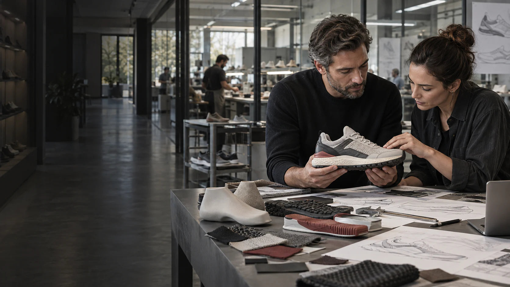 
Footwear specialists reviewing an unbranded athletic shoe prototype