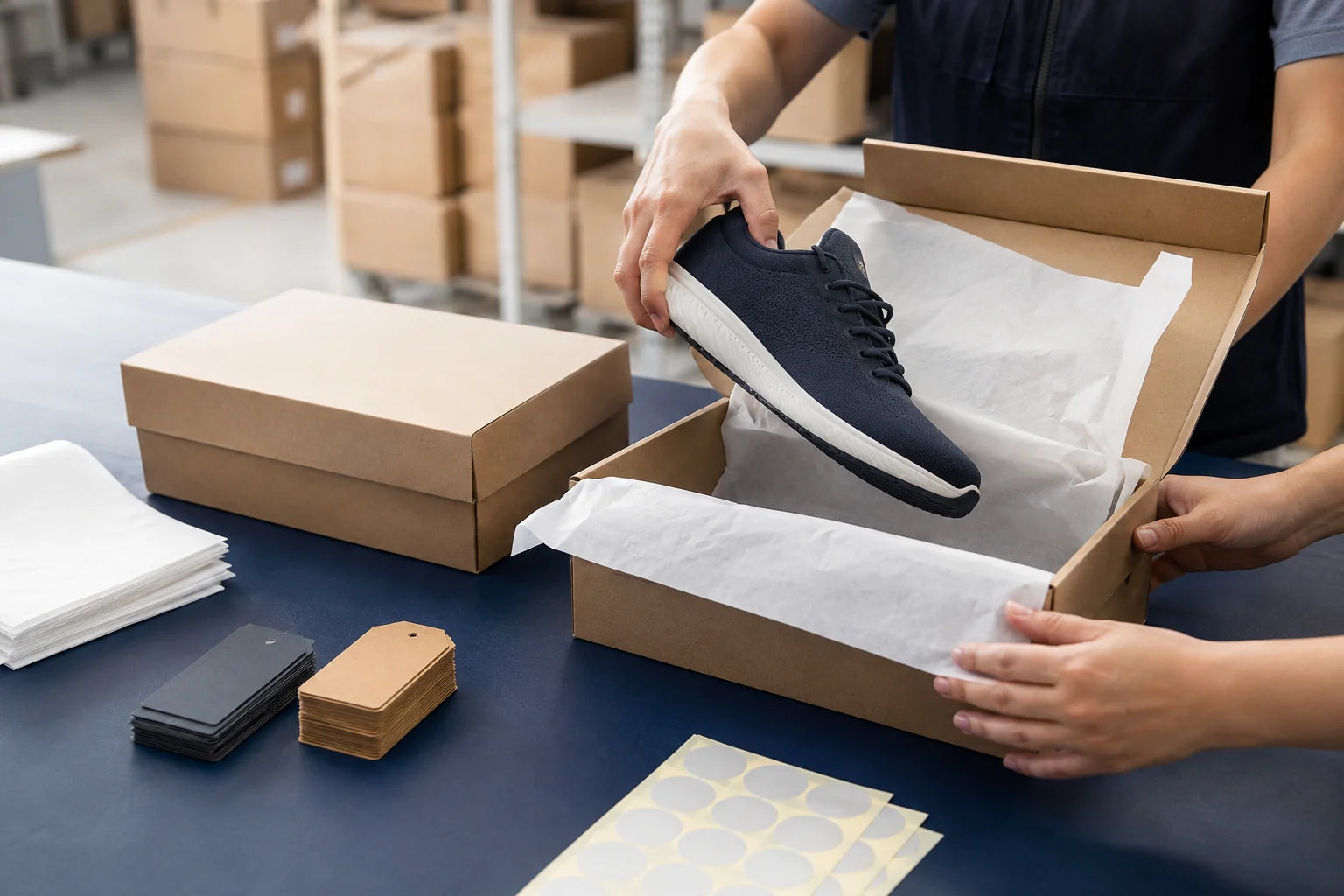 

Unbranded athletic footwear being placed into a plain retail shoebox
