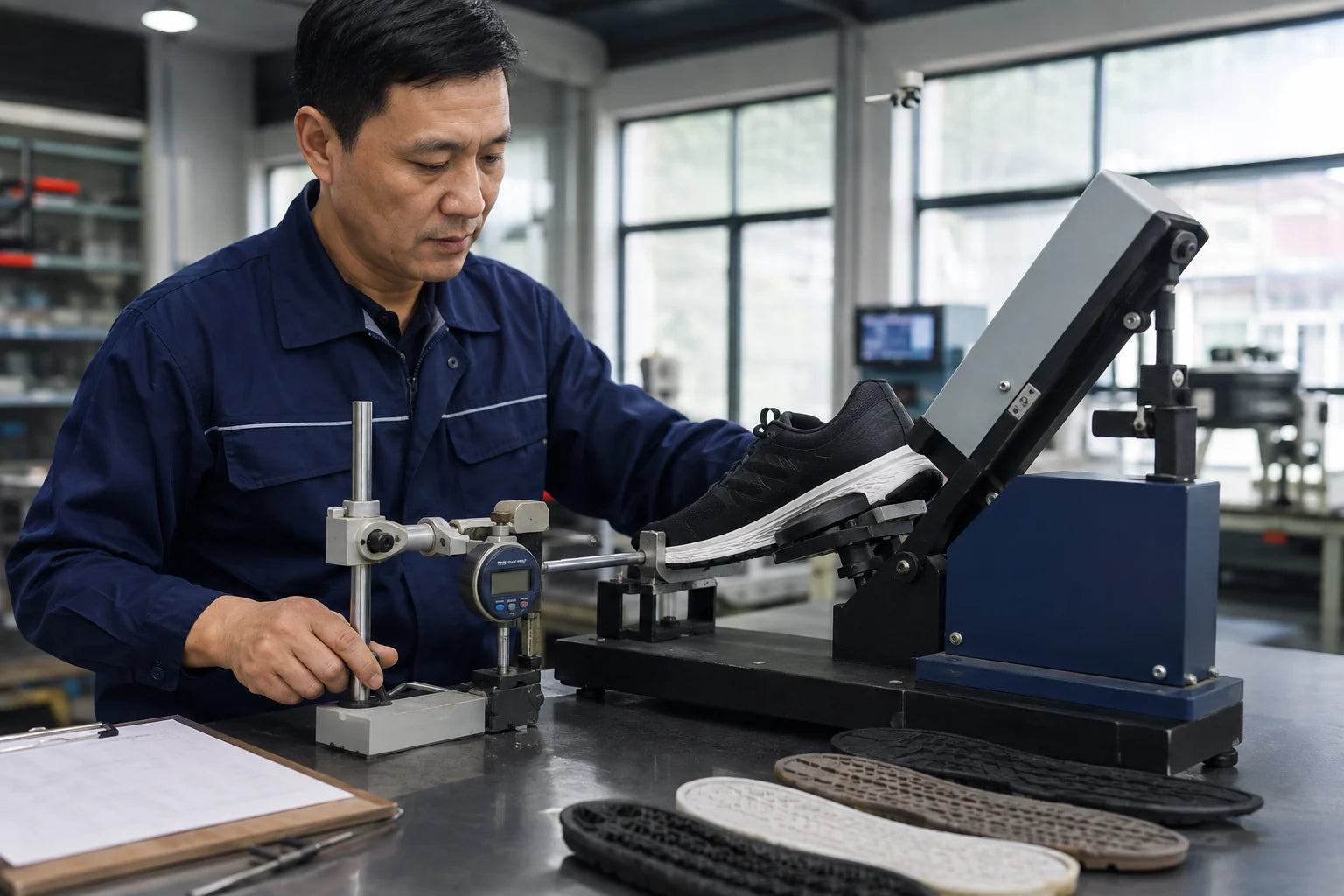 

Illustrative footwear quality inspection with a flex-testing fixture
